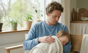 Pappa tröstar sitt sovande barn med en rosslig hosta.