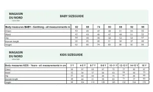 Storleksguide baby och barn från Magasin du Nord. Tabeller visar mått för bröst, midja, höft, grenlängd och längd.