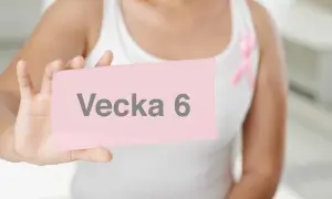 En person håller upp en rosa lapp med texten "Vecka 6". En rosa band-symbol syns på kläderna.