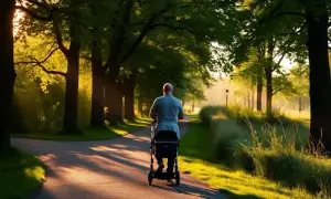 Man med barnvagn i en solig park. Vad har man i barnvagnen? Kanske en sovande bebis eller en hund.