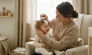 Mamma borstar sitt lilla barn som tappar hår. En mysig stund i en fåtölj med mjukt ljus.