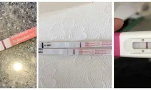 Tre graviditetstest visar ett svagt positivt resultat. En svag rosa linje syns på alla tre testen.