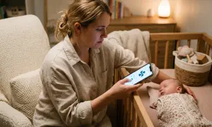 Mamma använder mobilen för att ställa in vitt brus till sin bebis.
