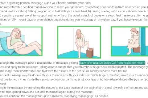 Gravid kvinna förbereder sig för perineal massage i olika positioner: liggande, stående med benet upphöjt, sittande.