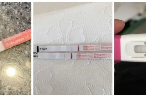 Tre olika graviditetstest visar positiva resultat med två streck, vilket indikerar tidiga tecken på graviditet.