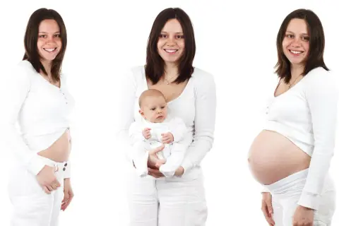 En kvinna visar sin mage under graviditeten, från tidigt trimester gravid till sent, och sedan med sin nyfödda bebis.