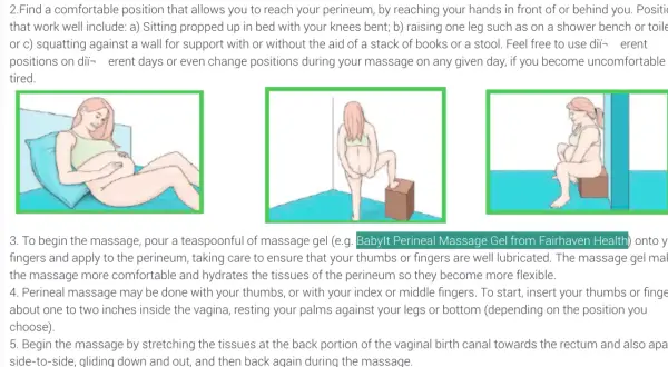 Gravid kvinna förbereder sig för perineal massage i olika positioner: liggande, stående med benet upphöjt, sittande.