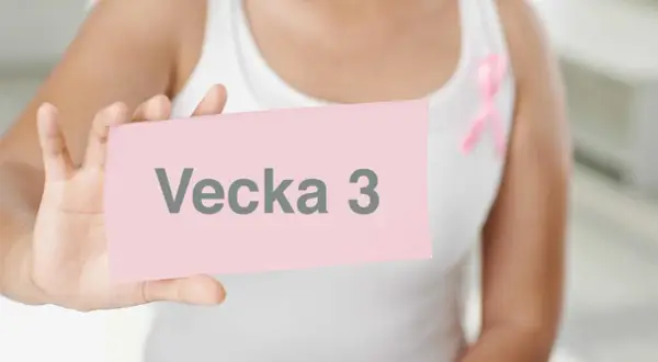 En person håller upp en rosa lapp med texten "Vecka 3". En rosa band-symbol syns på kläderna.