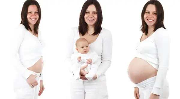 En kvinna visar sin mage under graviditeten, från tidigt trimester gravid till sent, och sedan med sin nyfödda bebis.