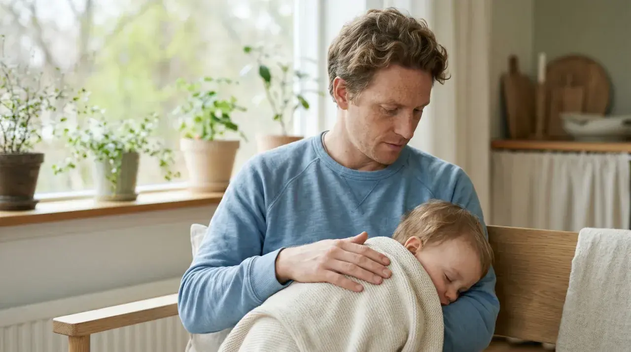 Pappa tröstar sitt sovande barn med en rosslig hosta.