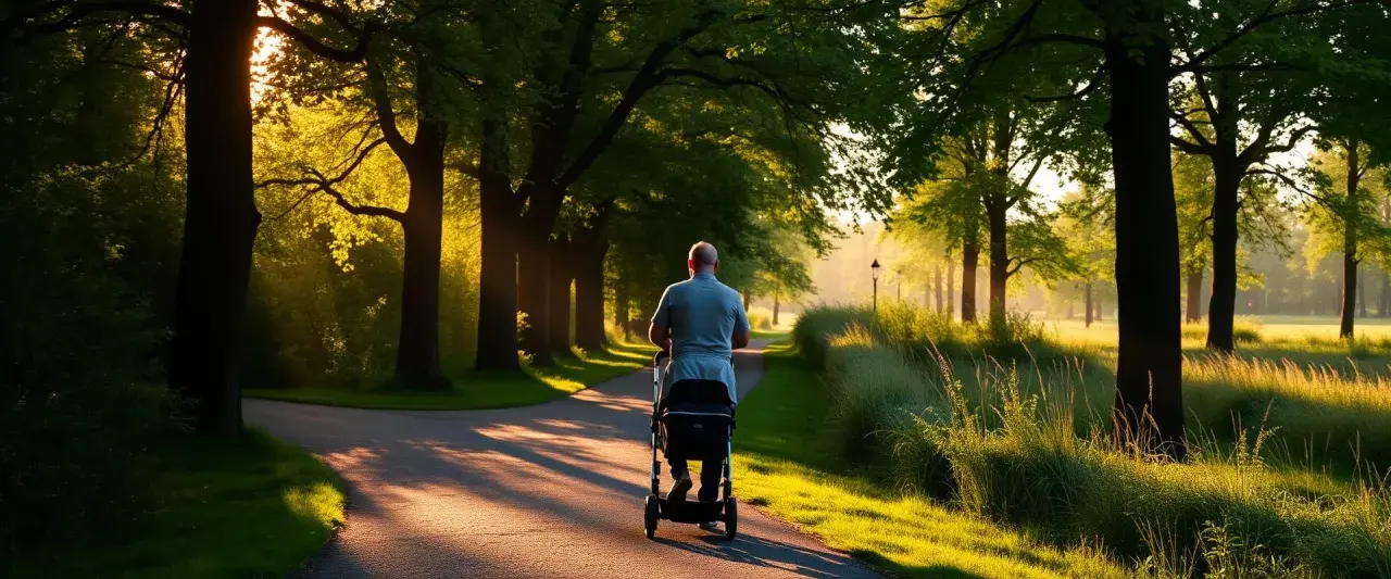 Man med barnvagn i en solig park. Vad har man i barnvagnen? Kanske en sovande bebis eller en hund.