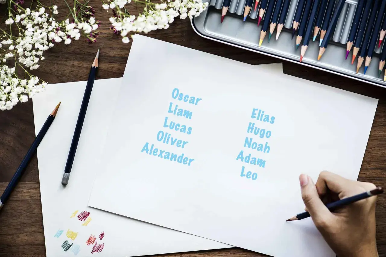 En hand skriver fina pojknamn som Oscar, Liam, Elias och Hugo på papper. Färgpennor och blommor ligger på träbordet.
