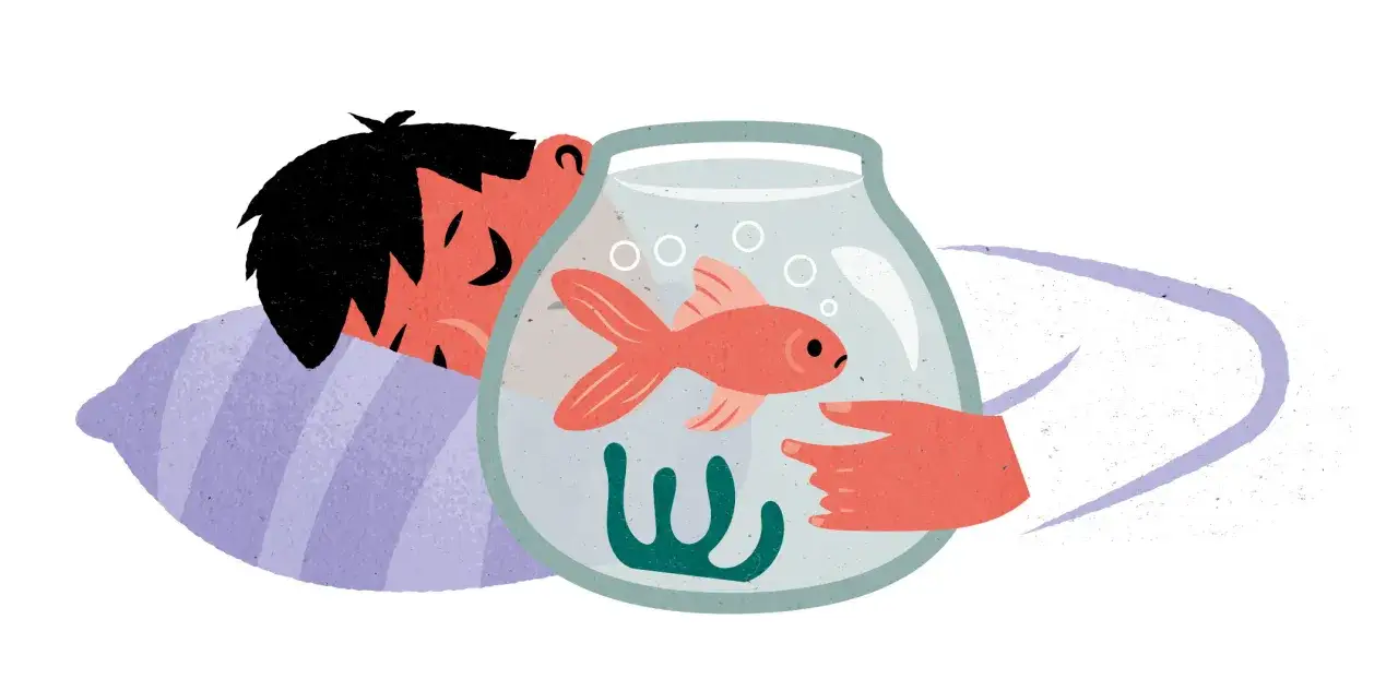 En person sover med huvudet på en kudde, en hand pekar mot en guldfisk i en skål. En söt bild för att natta bebis.