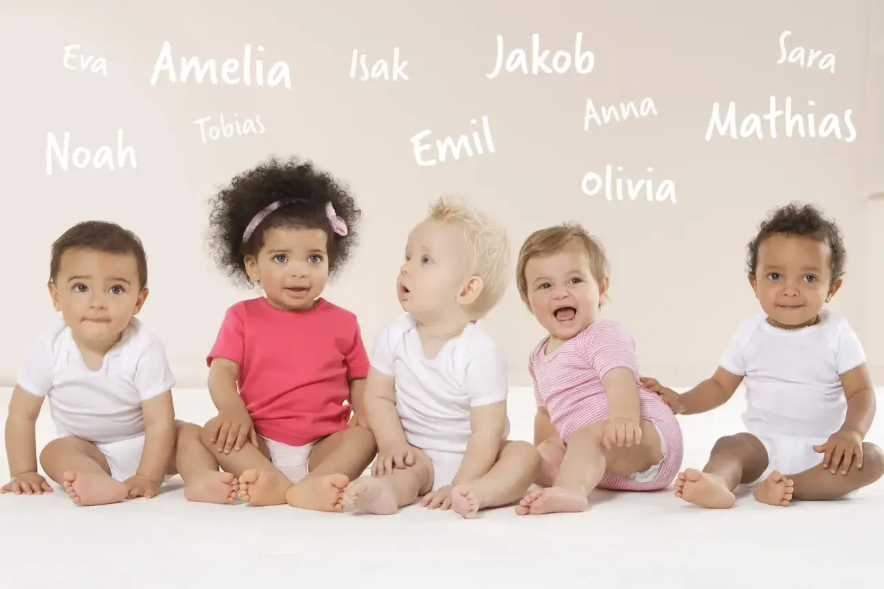 Fem bebisar sitter på golvet, med namn som Noah, Tobias, Emil, Jakob och Mathias skrivna ovanför dem. En inspiration för fina pojknamn.