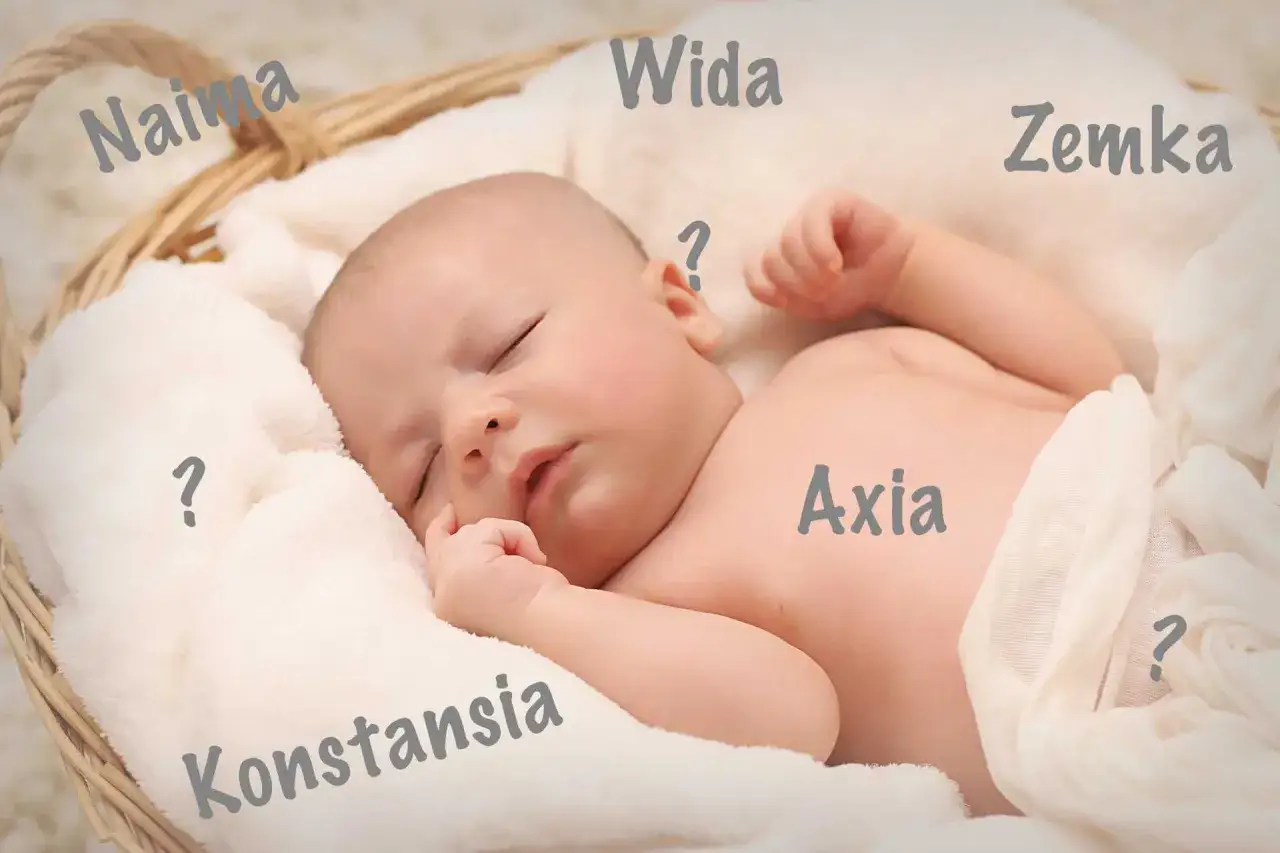 Sovande baby i korg med magiska namn tjej som Naima, Wida, Zemka, Axia och Konstansia.