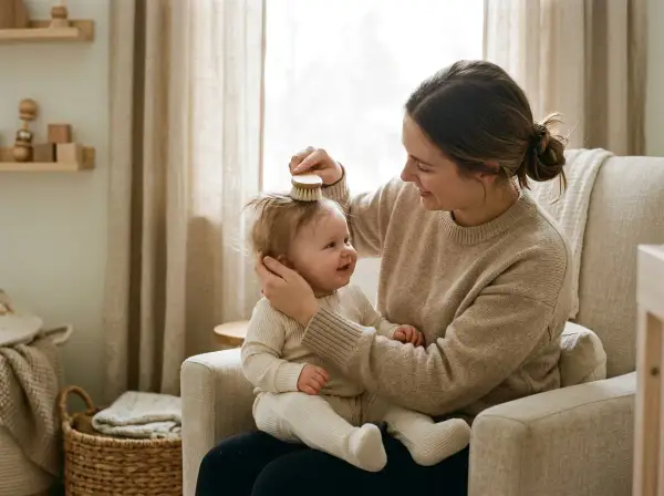 Mamma borstar sitt lilla barn som tappar hår. En mysig stund i en fåtölj med mjukt ljus.