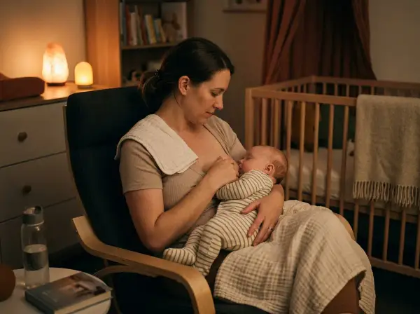 En mamma ammar sin sovande bebis i en gungstol. En trygg och lugn stund för en dreamfeed bebis.