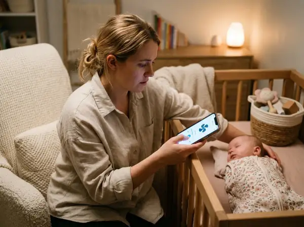 Mamma använder mobilen för att ställa in vitt brus till sin bebis.